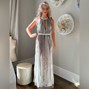 NEW TAG ON GORGEOUS UK DESIGNER PLEATED IVORY W/BLACK MAXI DRESS BY KAREN MILLEN